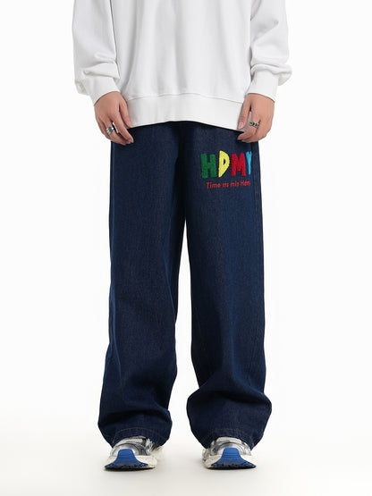 Vintage Washed Denim Pants with Embroidered Letter & Butterfly Patches