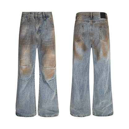 Vintage Dirty-Wash Straight Denim Pants – Loose Fit Wide-Leg Jeans
