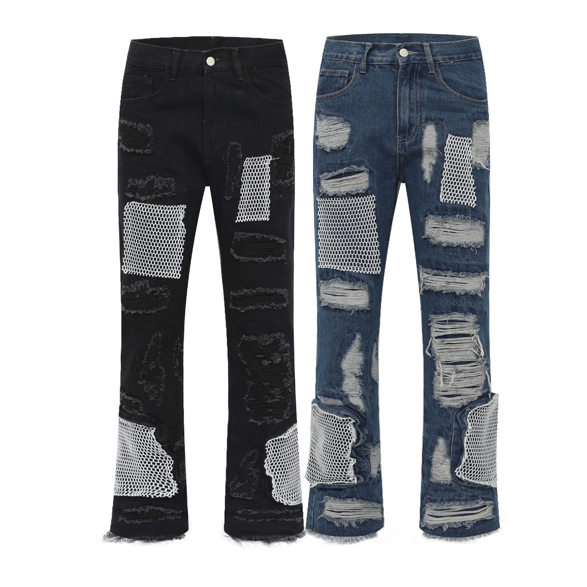 Retro Patch Mesh Destroyed Whiskered Wide-Leg Jeans