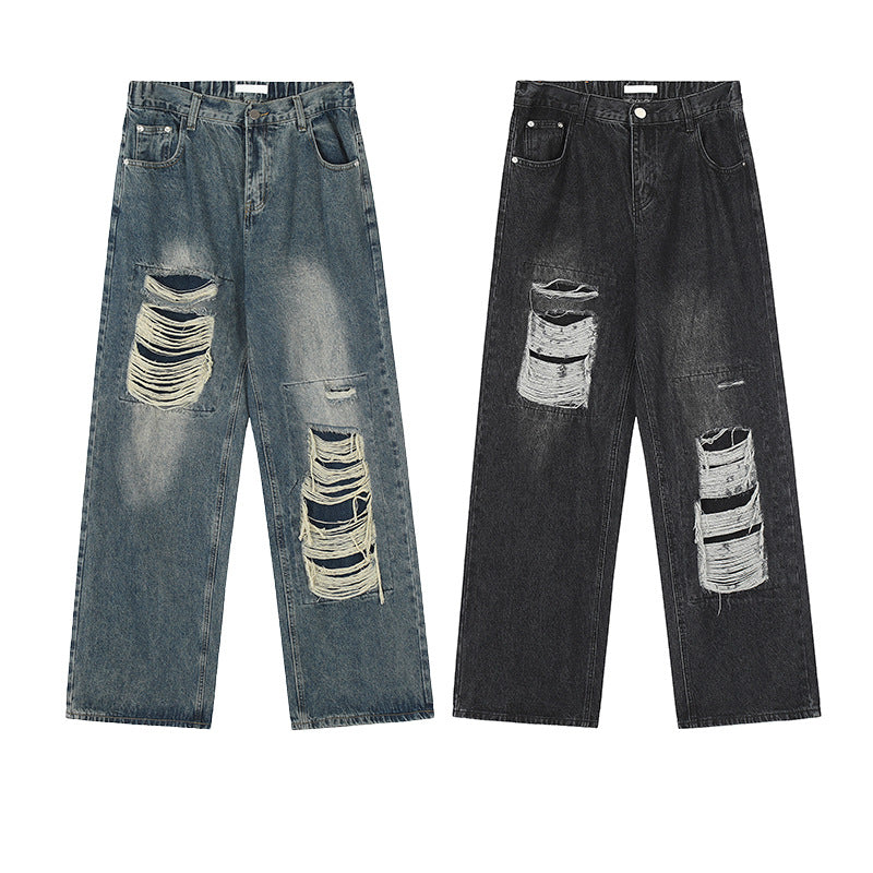 American Street Loose Wide-Leg Ripped Patchwork Jeans