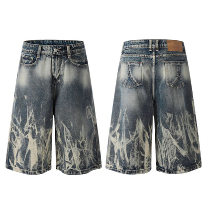 Tie-Dye Distressed Wide-Leg Denim Shorts
