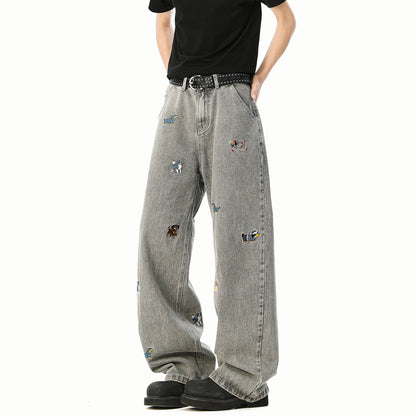 Embroidered Dog Line Art Flared Blade Jeans