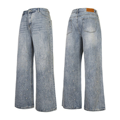 Vintage Loose Fit Denim Pants with Rhinestone Details
