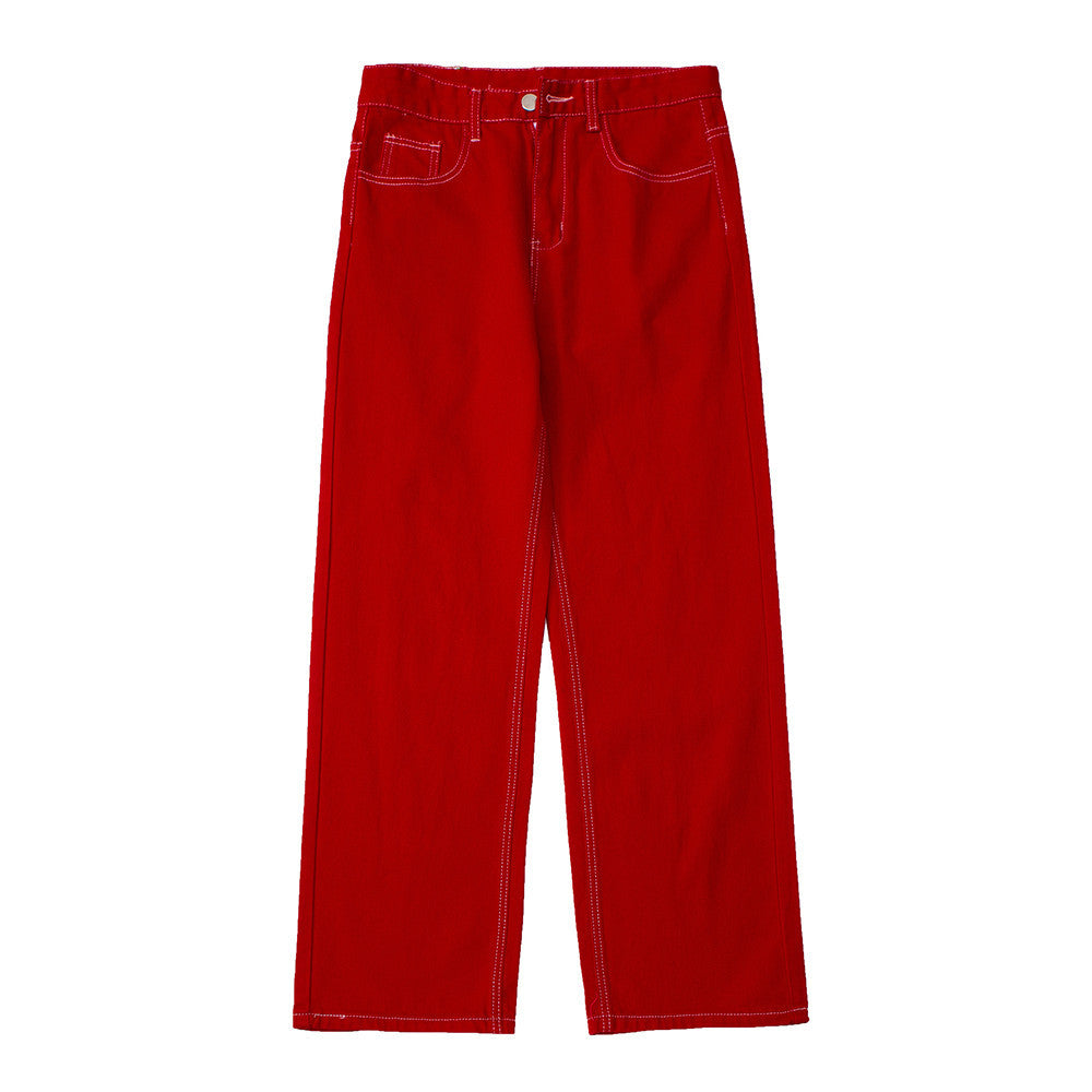 Flame Embroidery Straight-Leg Jeans with Contrast Stitching