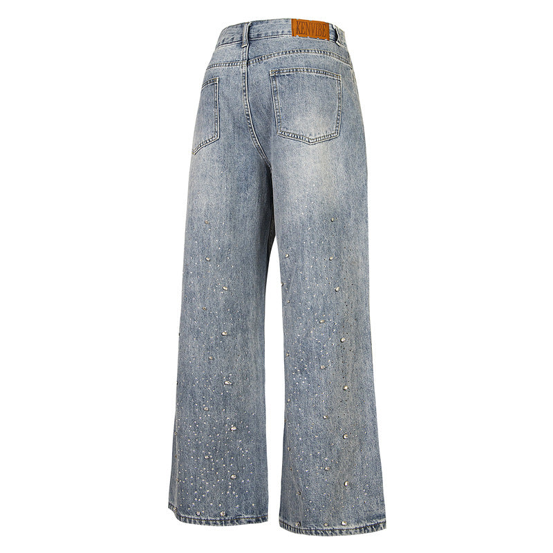 Vintage Loose Fit Denim Pants with Rhinestone Details