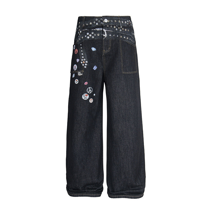 Low-Rise Badge Detail Wide-Leg Jeans