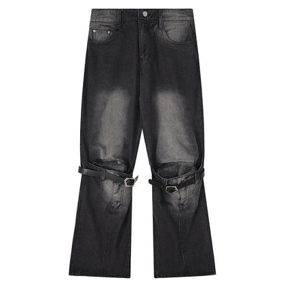Loose Hip-Hop Ripped Knee Jeans with Belt Detail