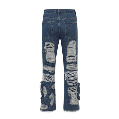 Retro Patch Mesh Destroyed Whiskered Wide-Leg Jeans
