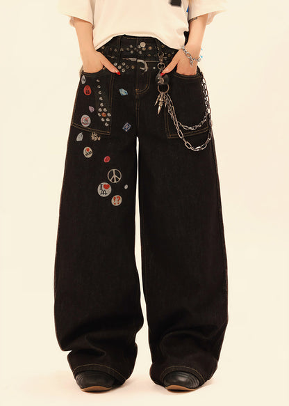 Low-Rise Badge Detail Wide-Leg Jeans