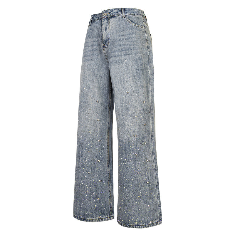 Vintage Loose Fit Denim Pants with Rhinestone Details
