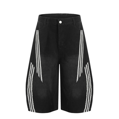 Washed Striped Wide-Leg Curved-Cut Banana Shorts