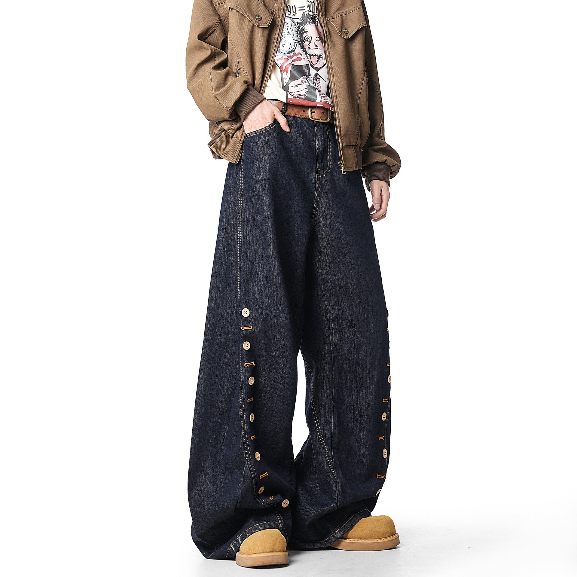 High Street Buttoned Wide-Leg Denim Pants