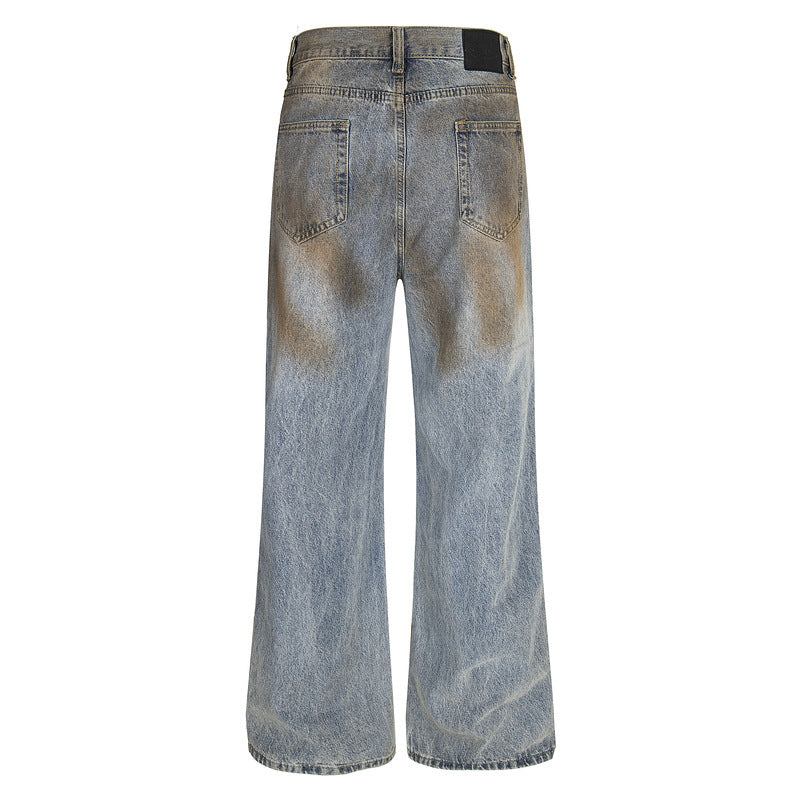 Vintage Dirty-Wash Straight Denim Pants – Loose Fit Wide-Leg Jeans