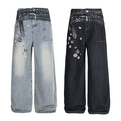 Low-Rise Badge Detail Wide-Leg Jeans