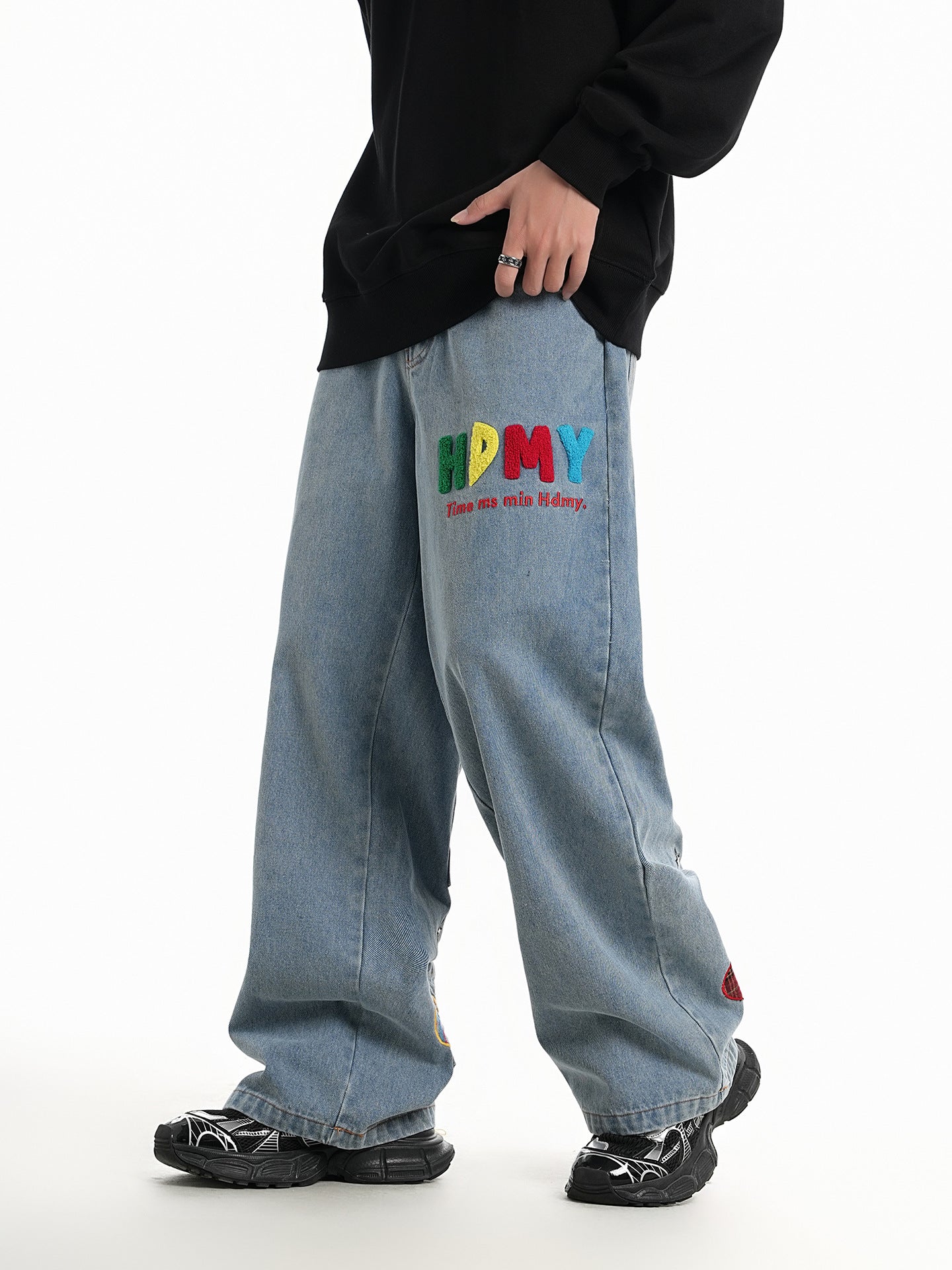 Vintage Washed Denim Pants with Embroidered Letter & Butterfly Patches