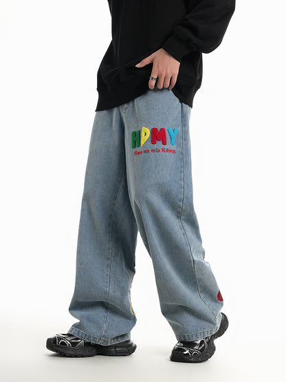Vintage Washed Denim Pants with Embroidered Letter & Butterfly Patches