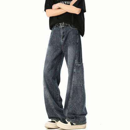 Retro Utility Wide-Leg Denim Pants – Straight Fit Workwear Jeans