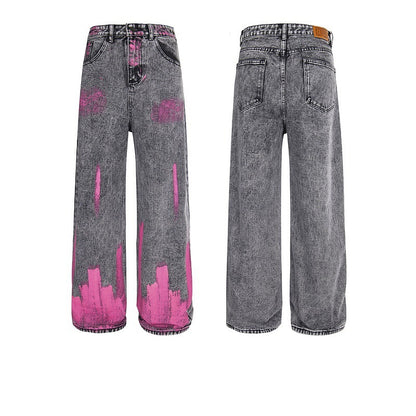 Pink Spray Paint Hip-Hop Vintage Denim Pants