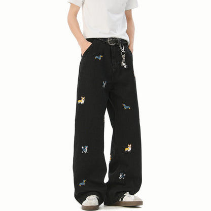 Embroidered Dog Line Art Flared Blade Jeans