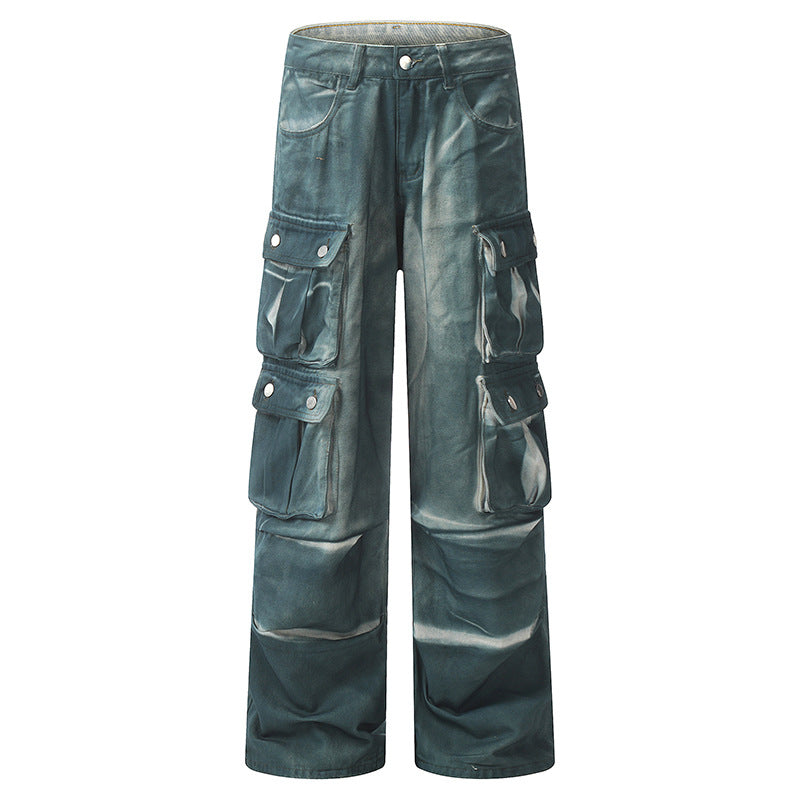 Vintage Tie-Dye Multi-Pocket Workwear Jeans