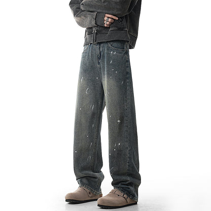 Paint-Splatter Washed Loose Straight Denim Pants