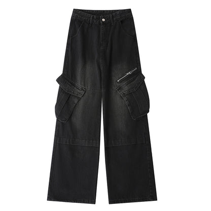 Vintage Washed Multi-pocket Utility Jeans