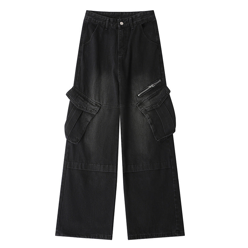 Vintage Washed Multi-pocket Utility Jeans