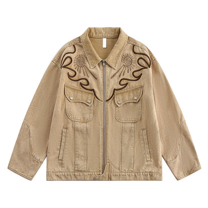 Retro Embroidery Tide Yellow Mud Washed Jacket