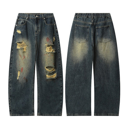 Vintage Distressed Wasteland-Style Loose Straight-Leg Ripped Jeans