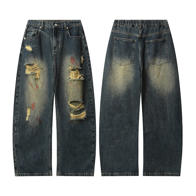 Vintage Distressed Wasteland-Style Loose Straight-Leg Ripped Jeans