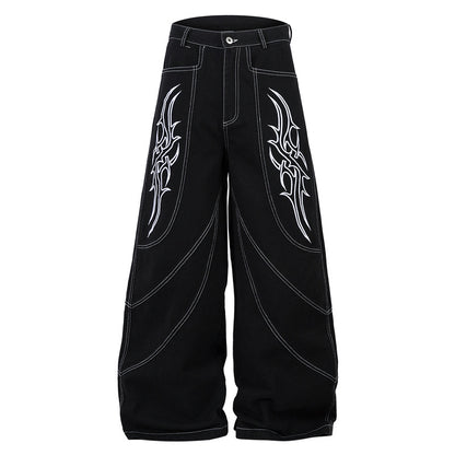 Totem Wings Embroidered Wide-Leg Denim Pants