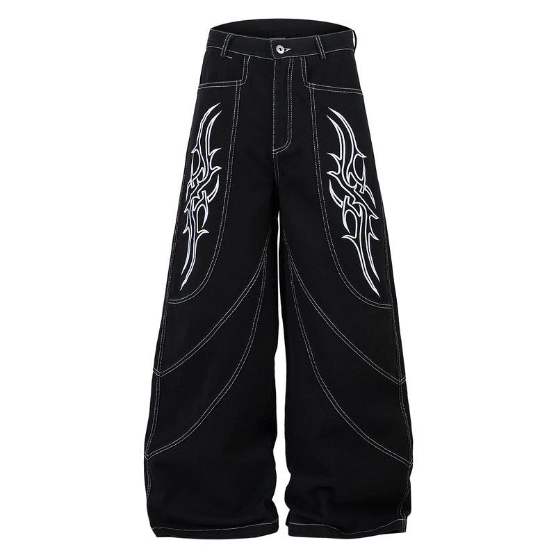 Totem Wings Embroidered Wide-Leg Denim Pants