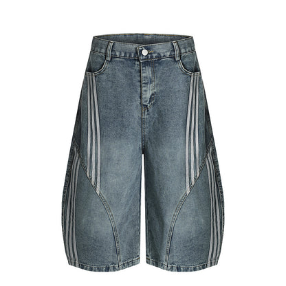 Washed Striped Wide-Leg Curved-Cut Banana Shorts