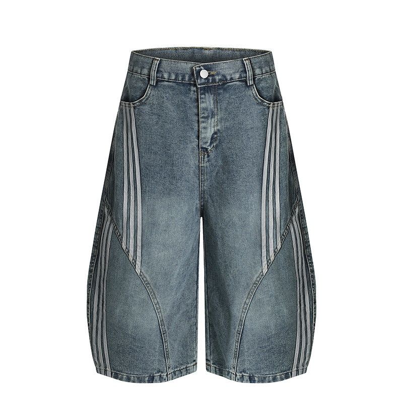 Washed Striped Wide-Leg Curved-Cut Banana Shorts