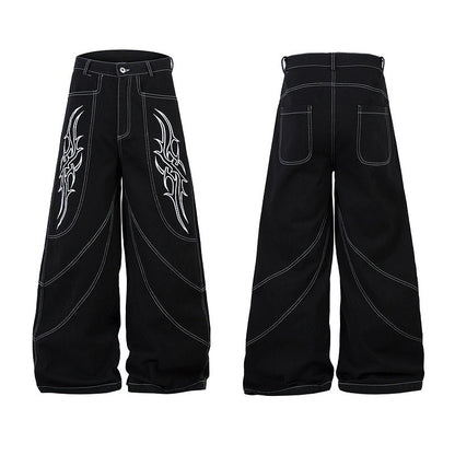 Totem Wings Embroidered Wide-Leg Denim Pants