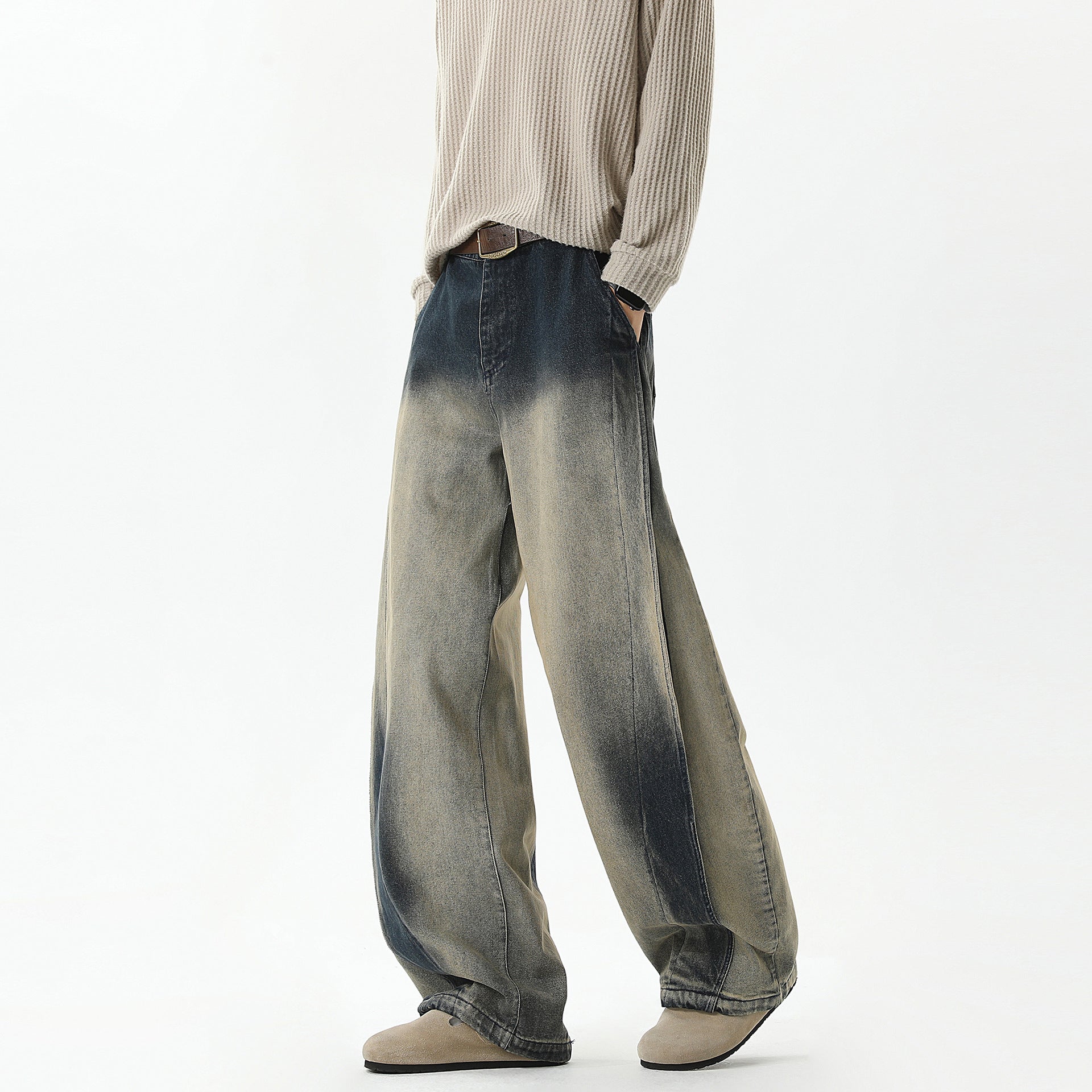 Washed Vintage Wide-Leg Jeans with Knife Cut Design