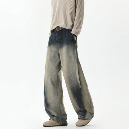Washed Vintage Wide-Leg Jeans with Knife Cut Design