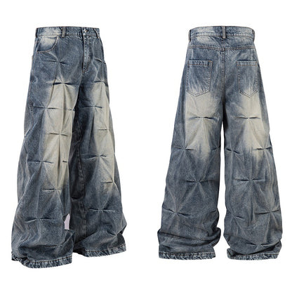 Vintage Washed Wrinkled Denim Jeans with Draped Hem