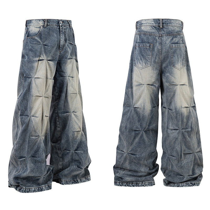 Vintage Washed Wrinkled Denim Jeans with Draped Hem
