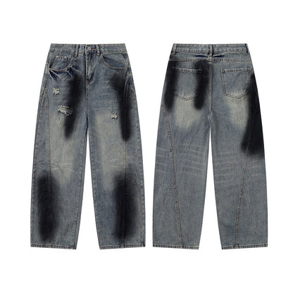 Vintage Distressed Straight-Leg Wide Jeans with Curved Slit Cut