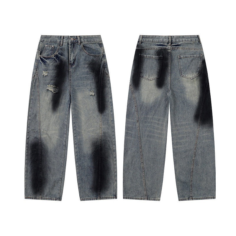 Vintage Distressed Straight-Leg Wide Jeans with Curved Slit Cut