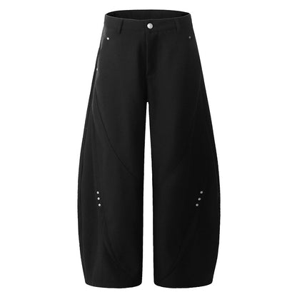 Retro Rivet Curved-Cut Wide-Leg Cargo Pants