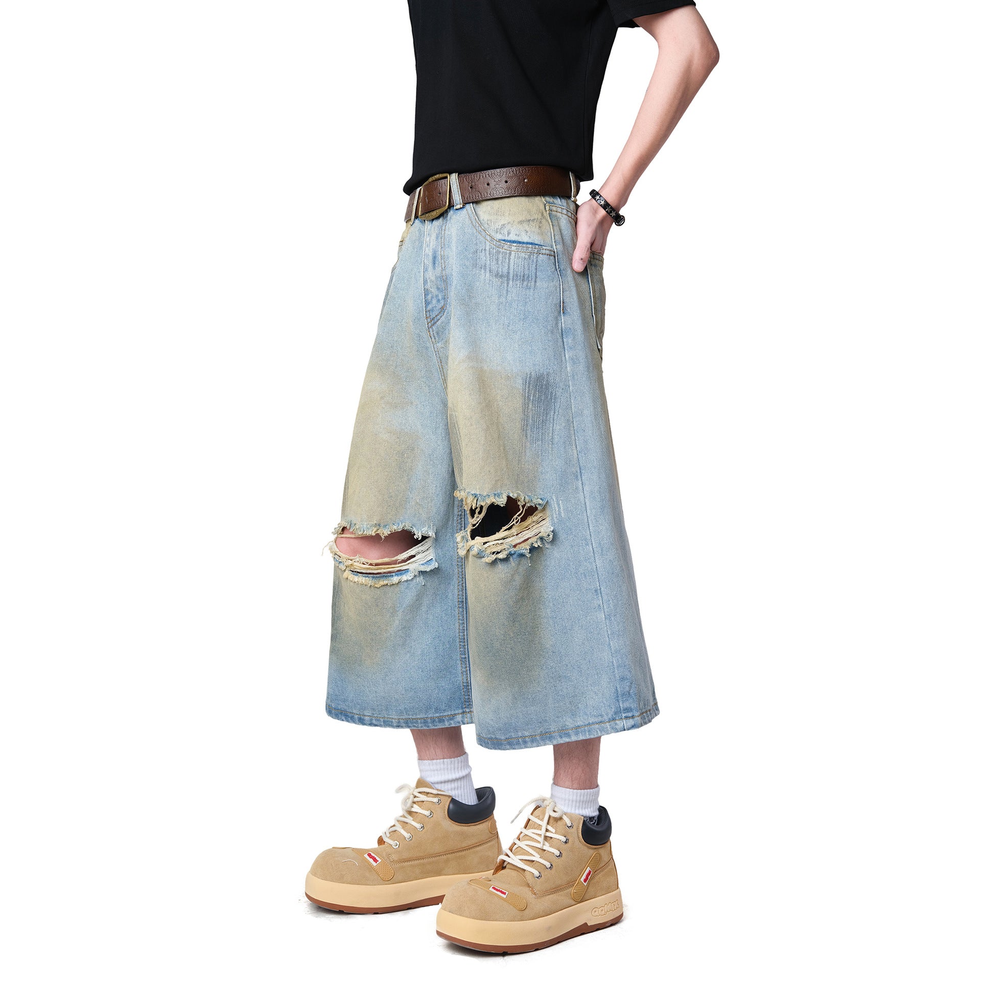 Vintage Mud-Dyed Ripped Denim Shorts