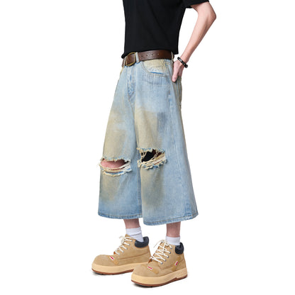 Vintage Mud-Dyed Ripped Denim Shorts