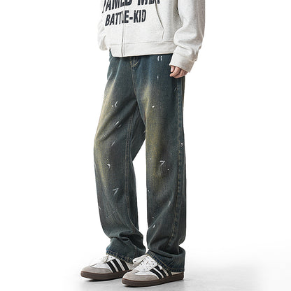 Paint-Splatter Washed Loose Straight Denim Pants
