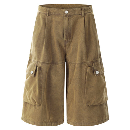 Vintage Washed Straight-Leg Cargo Shorts with Pocket Detail