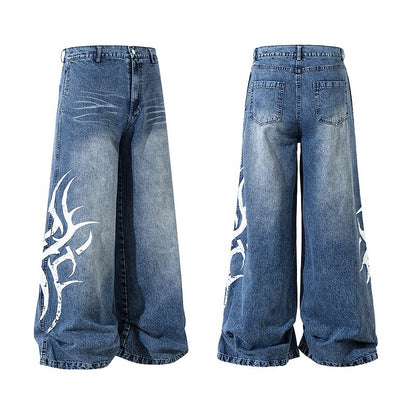 Mid-Rise Totem Print Wide-Leg Jeans