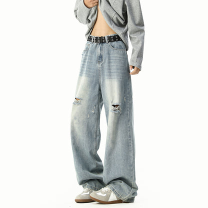 Washed Distressed Loose Straight-Leg Jeans