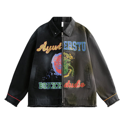 Vintage-Inspired Graffiti Patchwork Loose-Fit High-Density Cotton Jacket