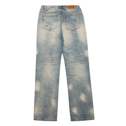 Washed Paint-Splattered Ripped Loose Street Hip-Hop Jeans